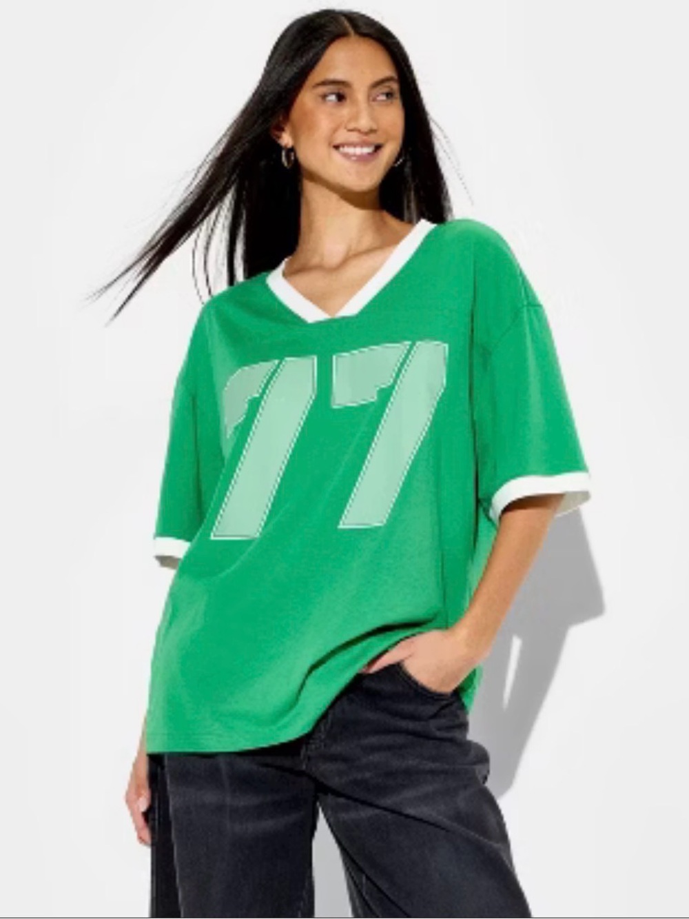 GRAYSON THREADS Hello Gorgeous "77" V-Neck Graphic T-Shirt Green Oversized XL